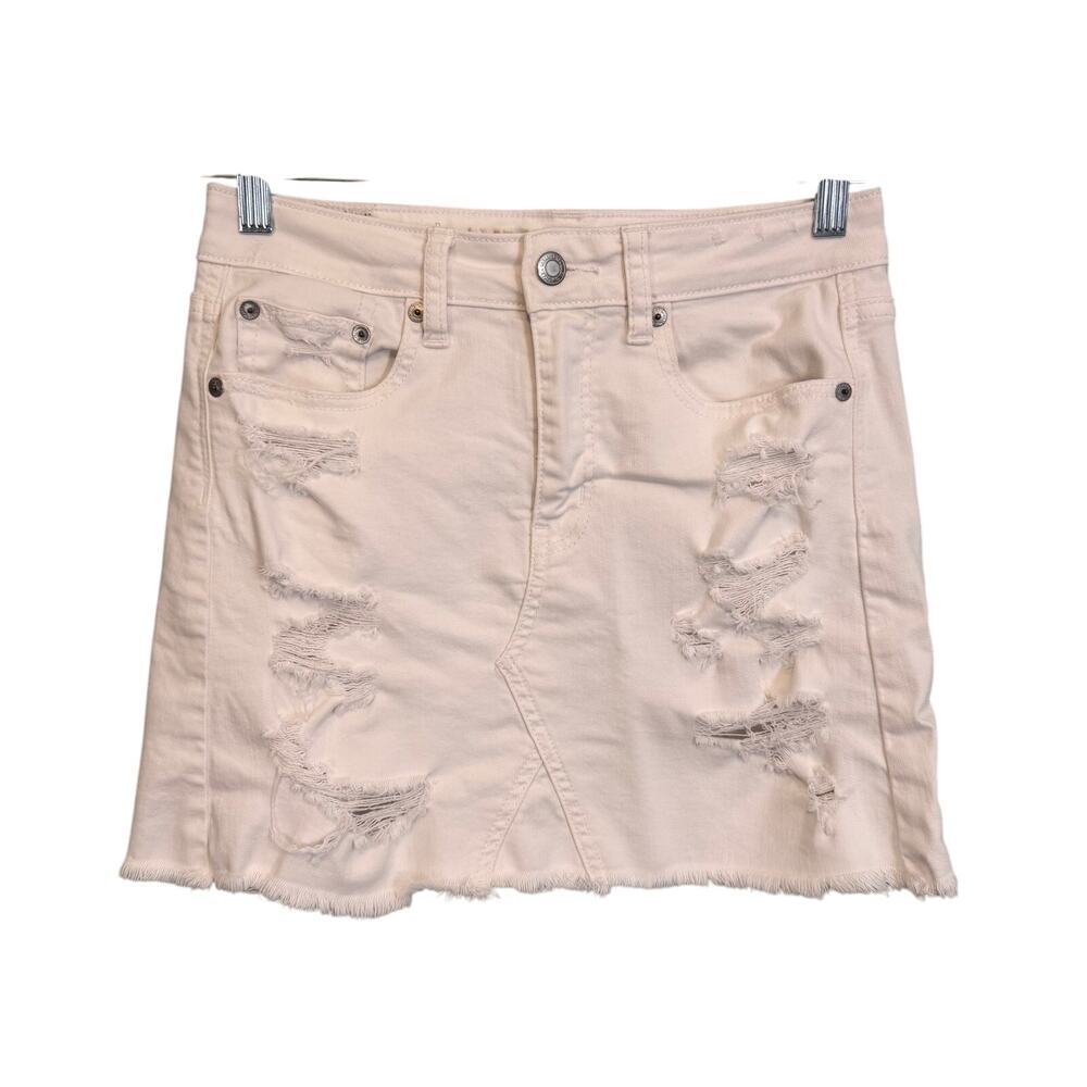American Eagle Mini Jean Skirt 2 White Y2K Denim Distressed Frayed Hem High Rise